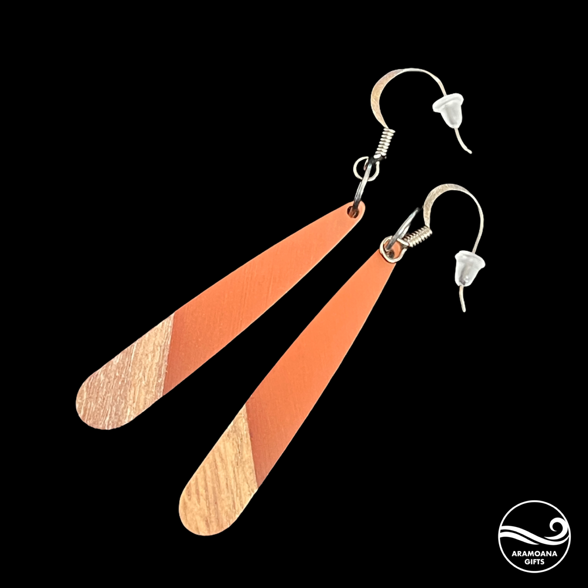 Orange Wood & Resin Hex Earrings