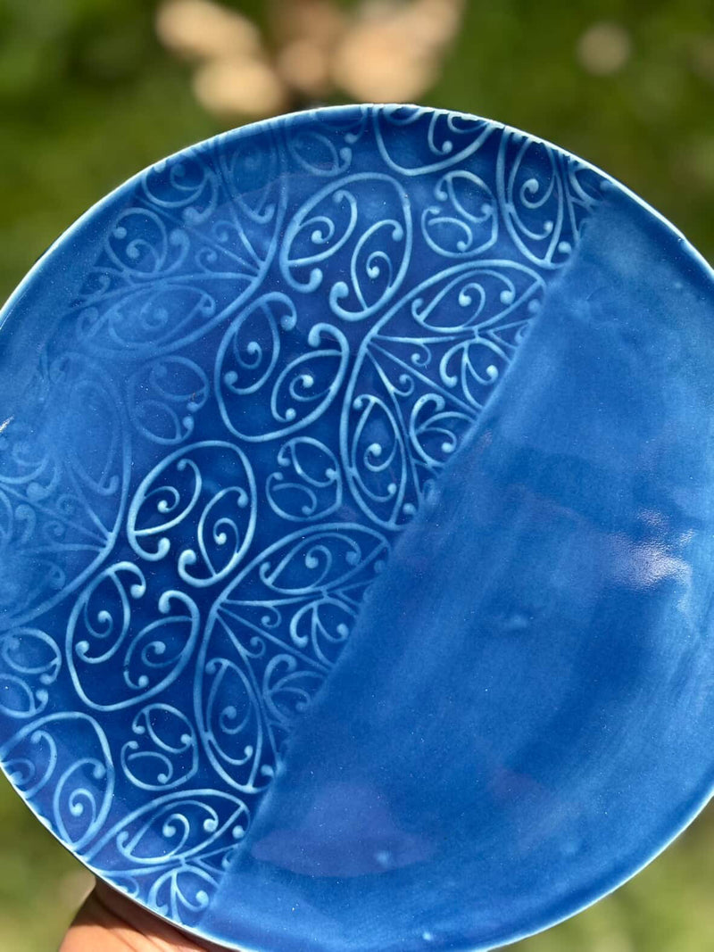 Handmade Ceramic Plate – Dark Blue (Bread Plate, Koru Design)