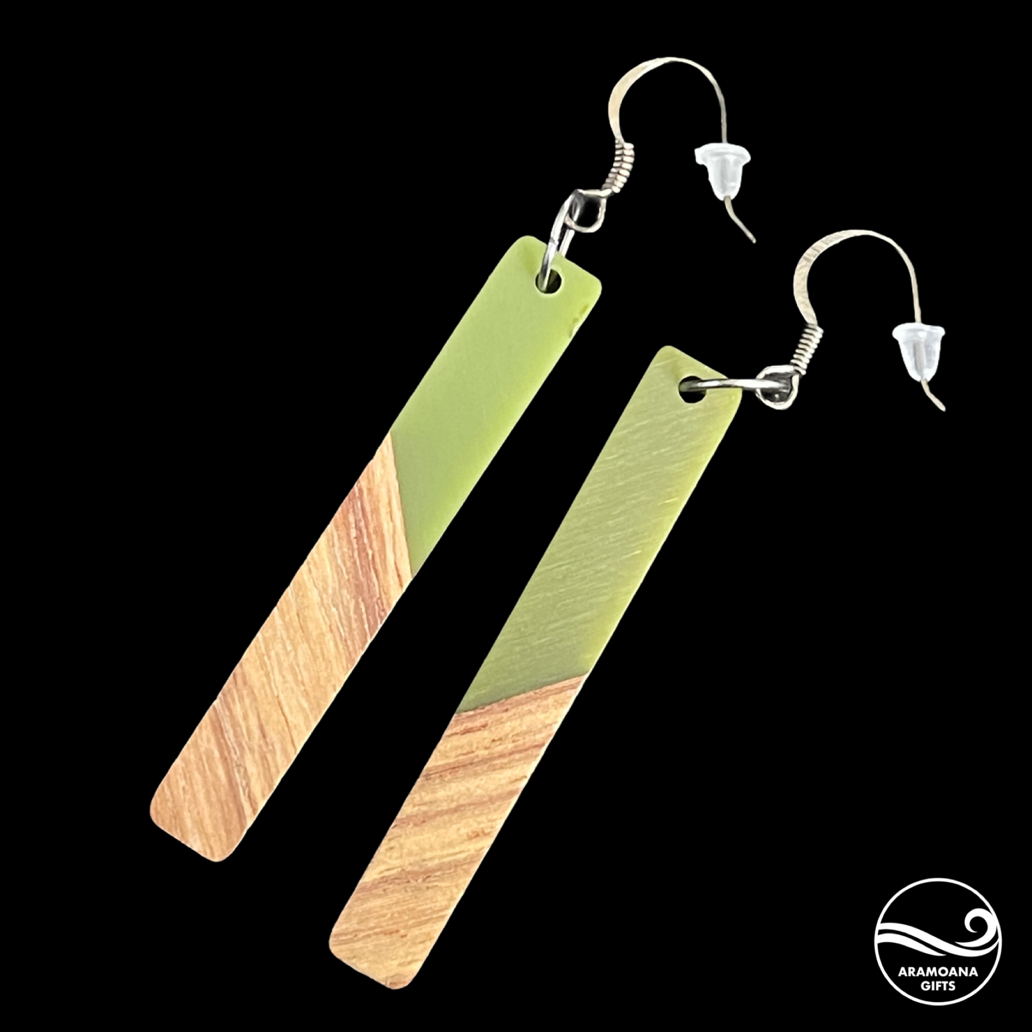 Green Rectangle Wood & Resin Drop Earrings